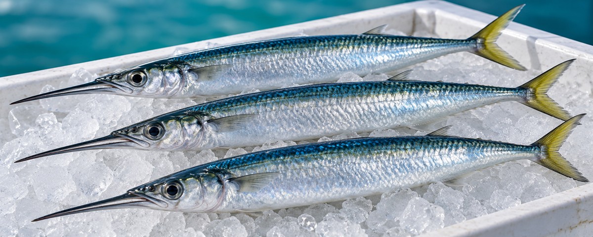 Photorealistic AI-generated illustration of ballyhoo bait on ice