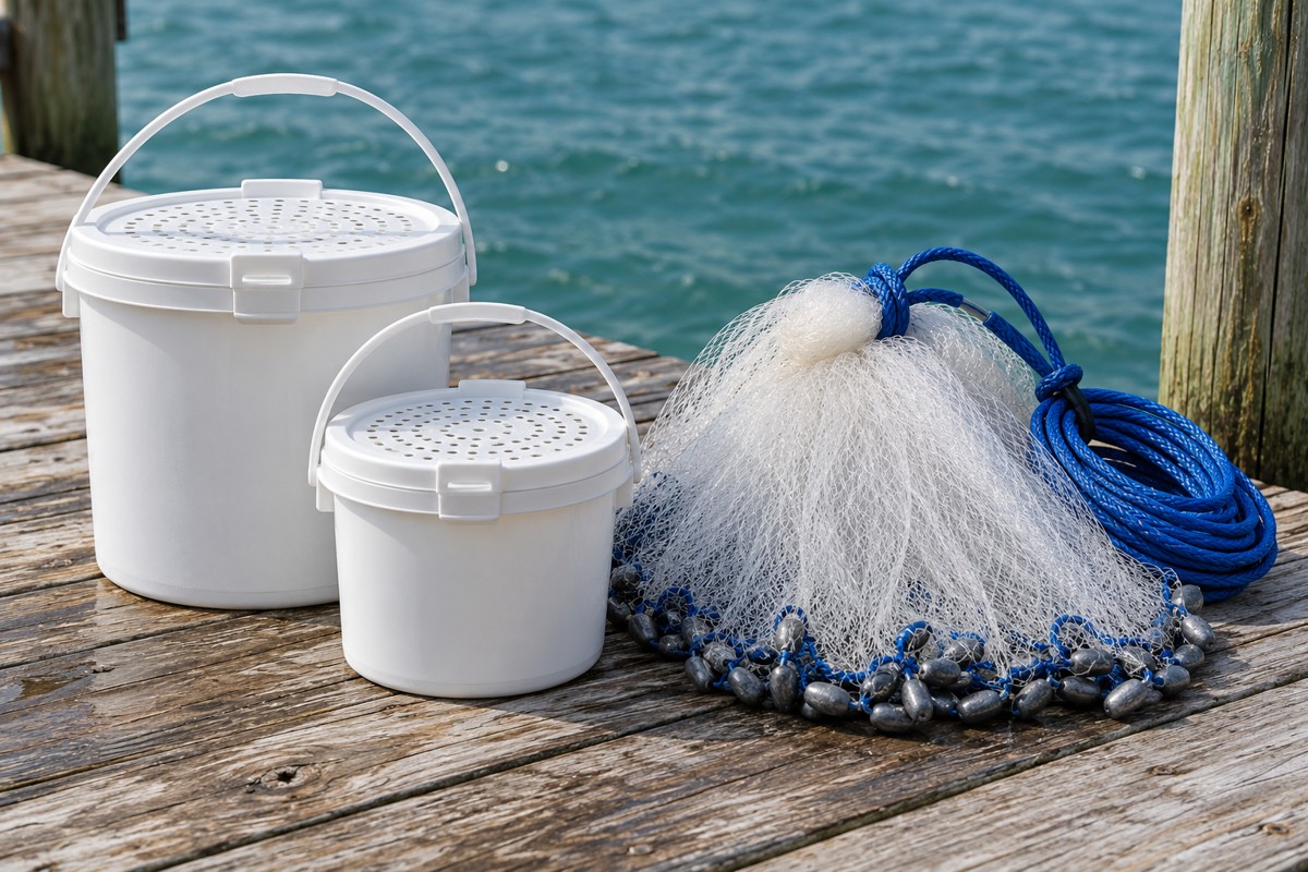 Photorealistic AI-generated illustration of bait buckets and a cast net