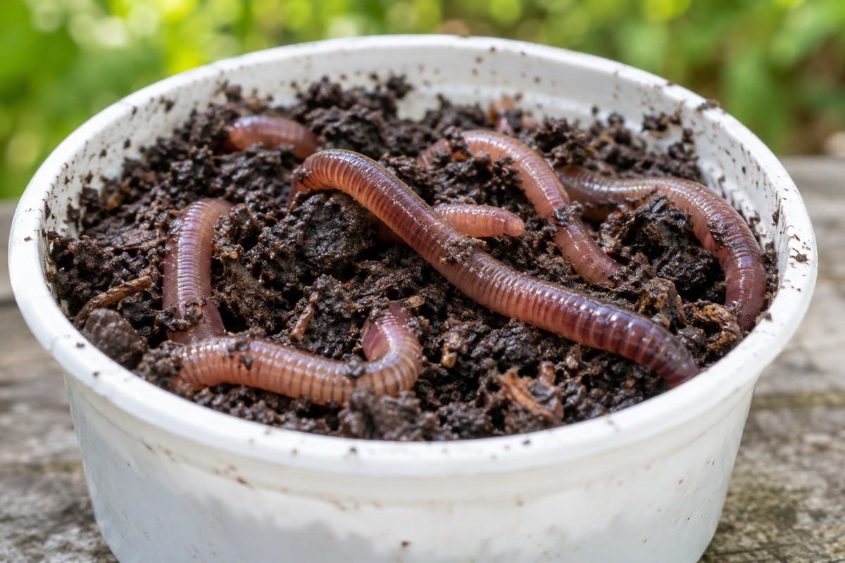 Photorealistic AI-generated illustration of live nightcrawlers in moist soil