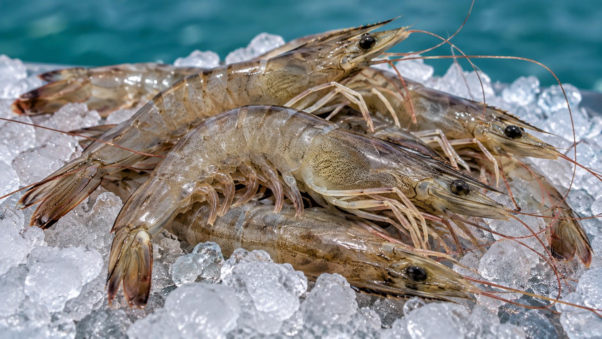 Photorealistic AI-generated illustration of whole bait shrimp on ice