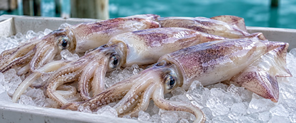 Photorealistic AI-generated illustration of squid bait on ice